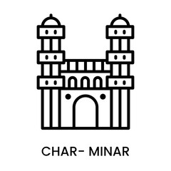 Char Minar, Hyderabad, Telangana, India. minimalist line art icon, historical landmark for web, mobile apps and UI.