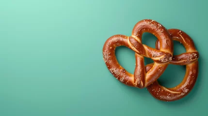 Zelfklevend Fotobehang A close-up image of a large salted pretzel with visible salt grains on a solid teal background, with ample copy space © road to millionaire