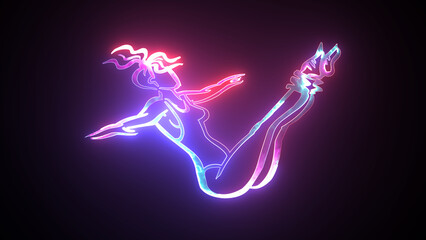 Glowing neon silhouettes of women in yoga poses. Yoga neon sign. Yoga class. Concepts of sport, fitness, healthy lifestyle, strength, and youth
