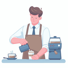A male barista wearing an apron is mixing a cup of coffee and a coffee maker beside him, vector.