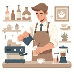 A male barista wearing an apron is mixing a cup of coffee and a coffee maker beside him, vector.