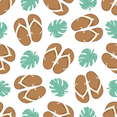 Cute hand drawn flip flops and plant leaf seamless pattern. Flat vector illustration. Doodle drawing.