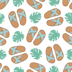 Fototapeta premium Cute hand drawn flip flops and plant leaf seamless pattern. Flat vector illustration. Doodle drawing.