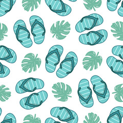 Cute hand drawn flip flops and plant leaf seamless pattern. Flat vector illustration. Doodle drawing. - obrazy, fototapety, plakaty