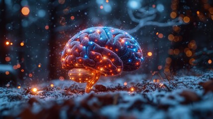 a computer generated image of a human brain in the middle of a snowy field with lights coming out of it.