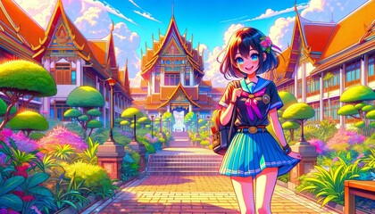 Vibrant anime schoolgirl in front of traditional architecture, cheerful and optimistic vibe - obrazy, fototapety, plakaty