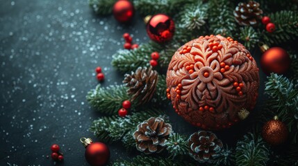 a close up of a christmas ornament surrounded by pine cones and red balls on a black background with snow flakes.