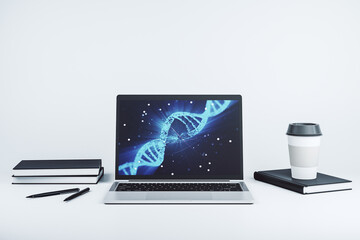 Creative light DNA illustration on modern computer monitor, science and biology concept. 3D...