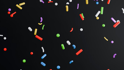 3d render of many multicolored confetti on black background