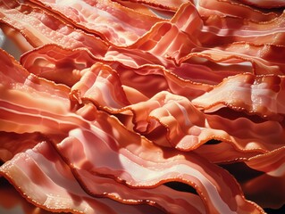 Bacon furrows its strips, a serious expression crisping up, intense focus in its sizzle, close-up, high detail, Hyper realistic , 8K resolution