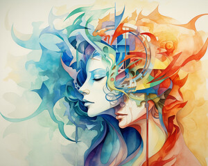 Bipolar concept in watercolor, signals rendered in contrasting washes, vibrant clarity, smooth texture,3d style