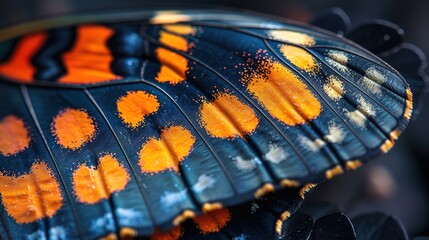 A close up of a butterfly wing with blue and orange colors on it's wings and a black background. - generative AI