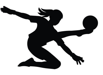 Black silhouette of a junior women's football young girl goalkeeper who kicks the ball with her foot