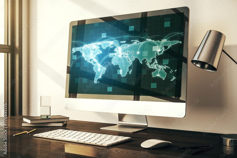 Fototapete computer monitor with abstract graphic digital world map with connections, globalization concept. 3d