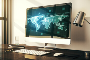 Computer monitor with abstract graphic digital world map with connections, globalization concept. 3D Rendering