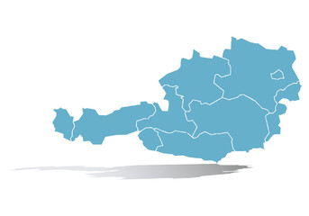Mapa azul de Austria en fondo blanco.