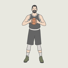 character illustration design, a man playing basketball, seen standing while holding the ball with both hands in front of his chest. basketball player character