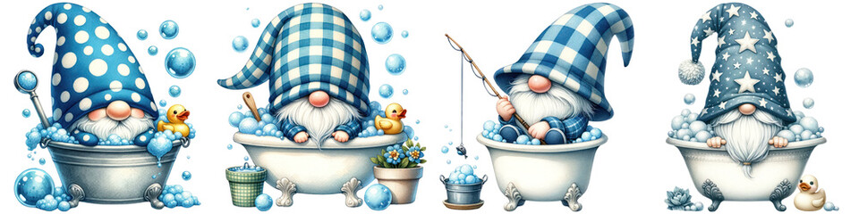 gnomes, bath, tub, summer, spring, watercolor, clipart, paint, cute, polka-dots, bubbles, fishing, duck, towel, relaxing, blue, white, hats, long-beard, whimsical, fantasy, art, illustration, bathtub,