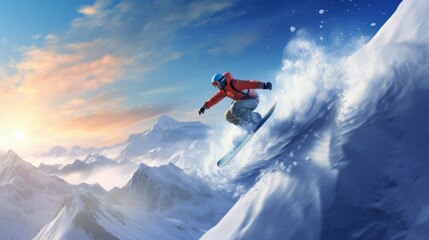 Naklejka na ściany i meble One person snowboarding enjoying the winter sport and freedom 