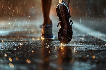 Close up of Athlete running along rainy city streets. Focus on sneakers