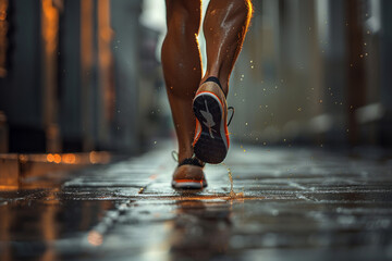 Close up of Athletes running on wet streets in the city. Focus on sneakers