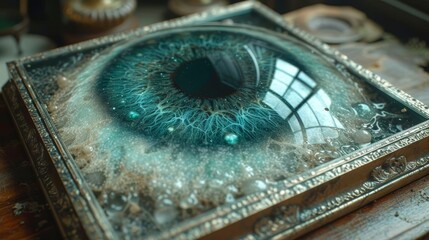a close up of an eyeball in a metal frame on a wooden table with a window in the background.