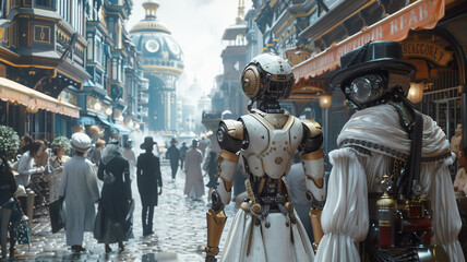 Humanoid robots on a walking street. Victorian style concept. Futuristic city