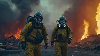 Naklejka premium People in protective suits and gas masks against a backdrop of destroyed infrastructure