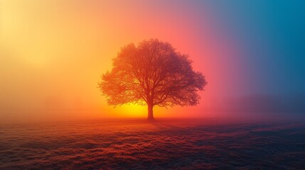 a lone tree stands in the middle of a field as the sun goes down on a foggy, hazy day. - obrazy, fototapety, plakaty