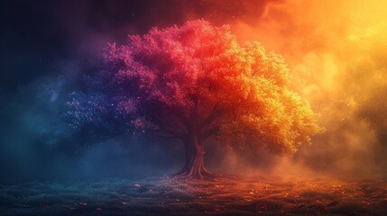 a tree in the middle of a field with a rainbow colored tree in the middle of a field with a rainbow colored tree in the middle.