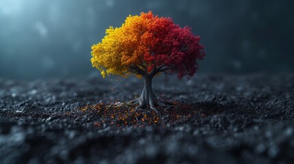 a colorful tree sitting in the middle of a dirt field with lots of dirt on the ground next to it. - obrazy, fototapety, plakaty