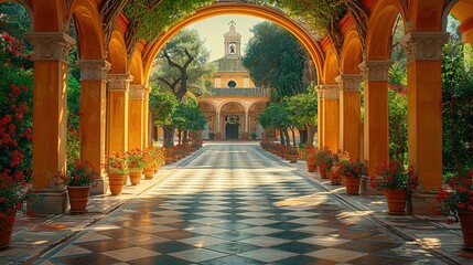 Courtyard of neoclassical style catholic church - Generative AI - obrazy, fototapety, plakaty