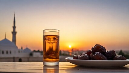 A plate of dates and a glass of water on a table, sunset, with a mosque in the background, Ramadan.
