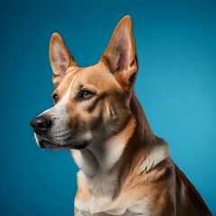  studio portrait of an American mixed breed dog on solid blue background, side view, looking to the right, Award winning photography, professional color grading, soft shadows, no contrast, clean sharp