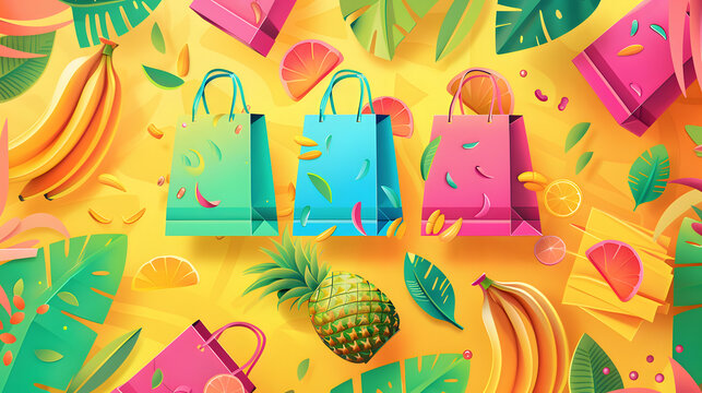 A flat vector illustration of a yellow background with many colorful paper bags