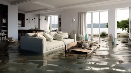 Foto op Aluminium Living Room Flooded with Water Furniture Submerged and Causing Water Damage  © JH45