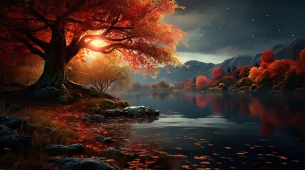 Autumn nature landscape with a lake in a fall forest.