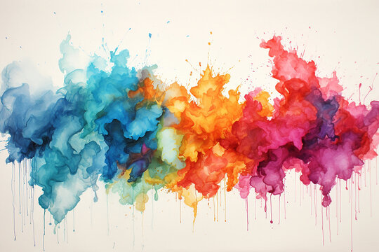 Vibrant watercolor splatters blending gracefully across pristine white canvas background