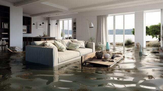 Living Room Flooded with Water Furniture Submerged and Causing Water Damage 