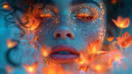 a close up of a woman's face with glowing lights on her face and orange flowers around her face.