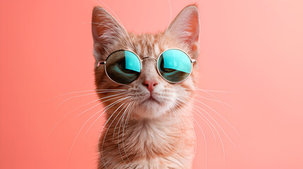 Fashion cat in sunglasses peach background, generative Ai
