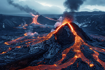 Majestic Volcanic Landscape with Flowing Lava: A Must-See Showcase of Nature's Power and Beauty