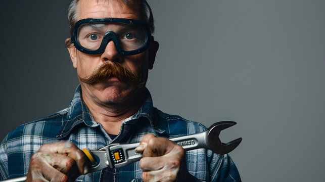 A male mechanic with a mustache and safety goggles stands against a gray background