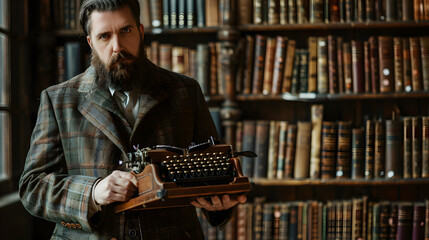 A male writer with a beard and a tweed jacket stands against a library background - obrazy, fototapety, plakaty