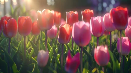 Fotobehang A cluster of vibrant tulips in various shades of pink and red in a sunny field © DesyX
