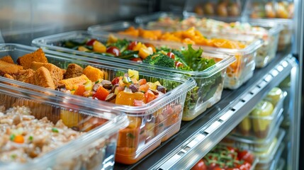 Lunch boxes with prepared food for healthy nutrition in refrigerator.