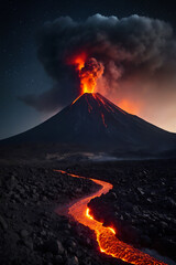 Volcano eruption with lava river flow on ground at night time