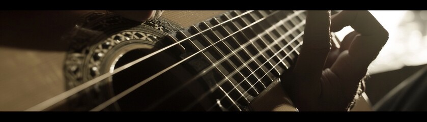  major chord closeup on acoustic guitar, dim room light, focus on hand, intimate feel - obrazy, fototapety, plakaty