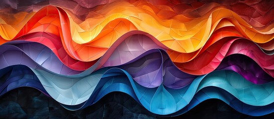 A close up of a vibrant wave pattern in purple and electric blue hues, resembling a geological phenomenon, painted in a bold and artistic font on a black background - obrazy, fototapety, plakaty