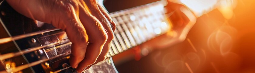 Guitarists hand on strings for major chord, bright daylight, high detail, close view